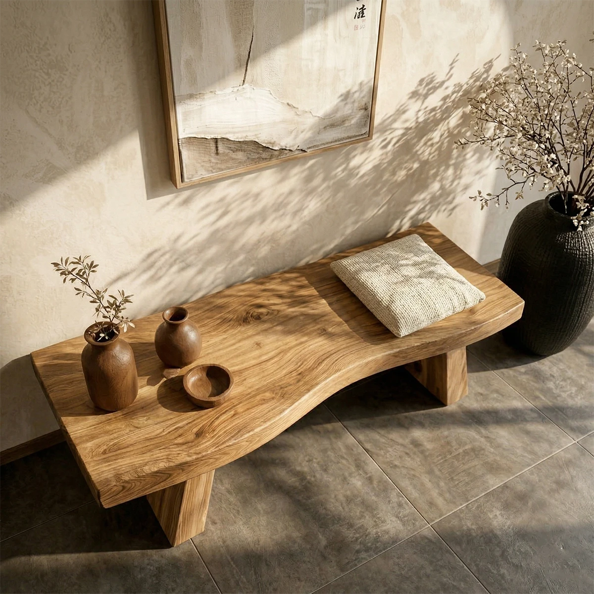 Low profile seating bench featuring thick plank seat and smooth oak tone finish detail
