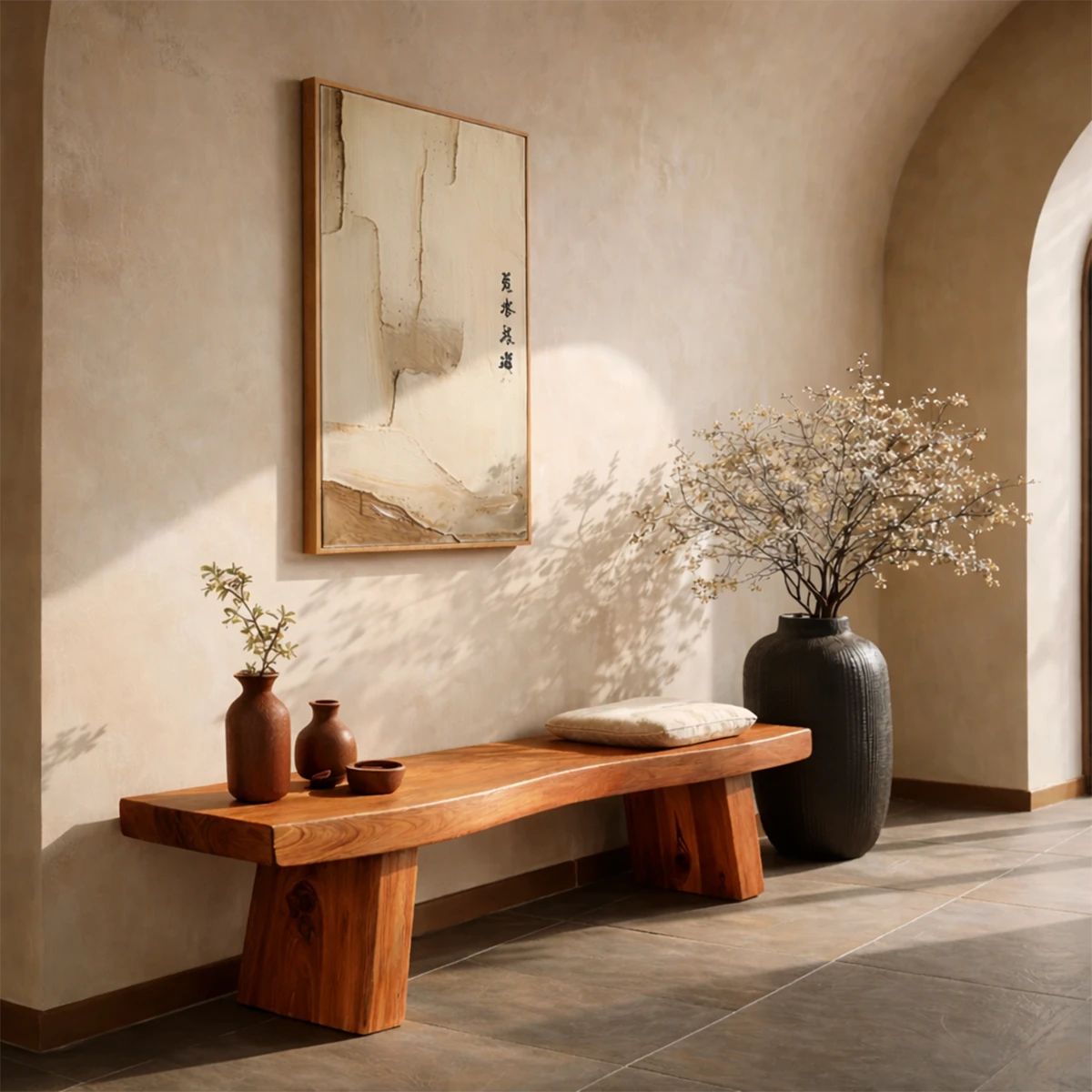 Stylish hallway seating bench designed with minimalist block legs and brown tone finish