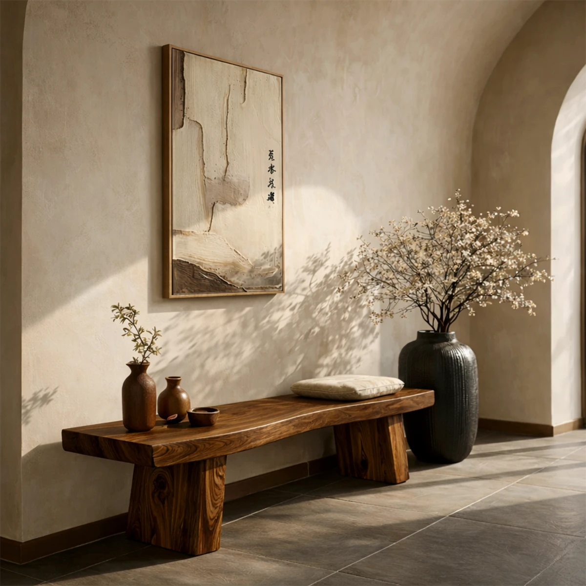 Functional entryway bench showcasing simple geometric form and warm walnut tone finish