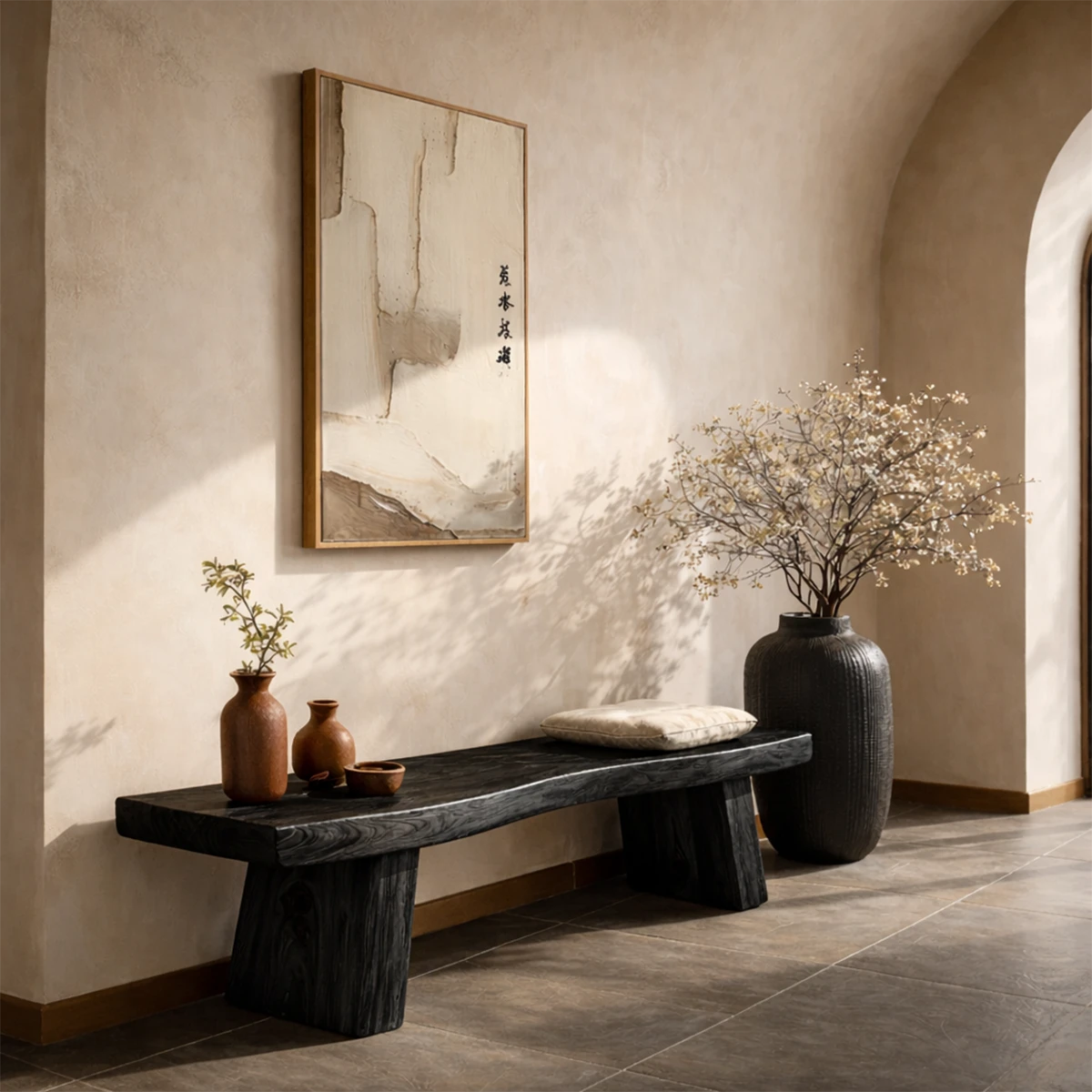 Japandi style bench featuring balanced proportions and refined black tone finish seating