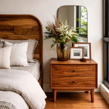 Minimalist two drawer nightstand featuring clean lines and smooth brown tone finish bedside storage