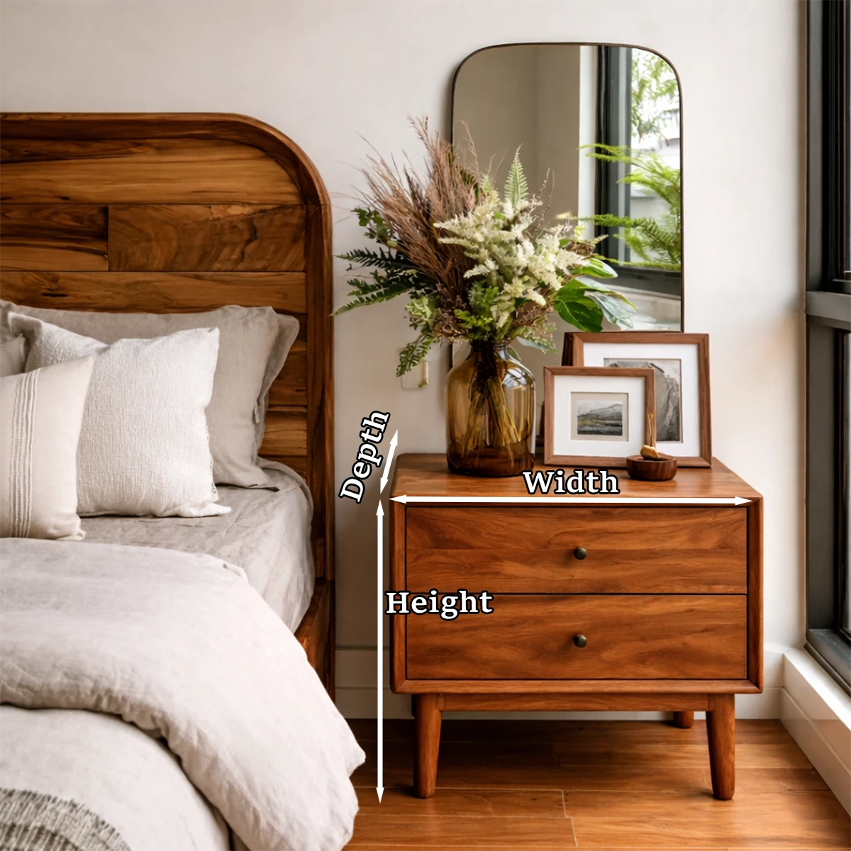 Modern bedroom storage nightstand featuring streamlined styling and brown tone finish
