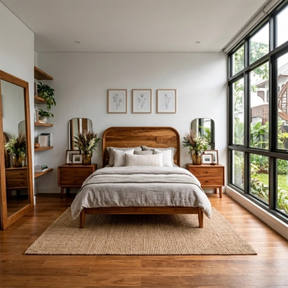 Modern bedside table showcasing simple drawer design and warm brown tone finish bedroom style