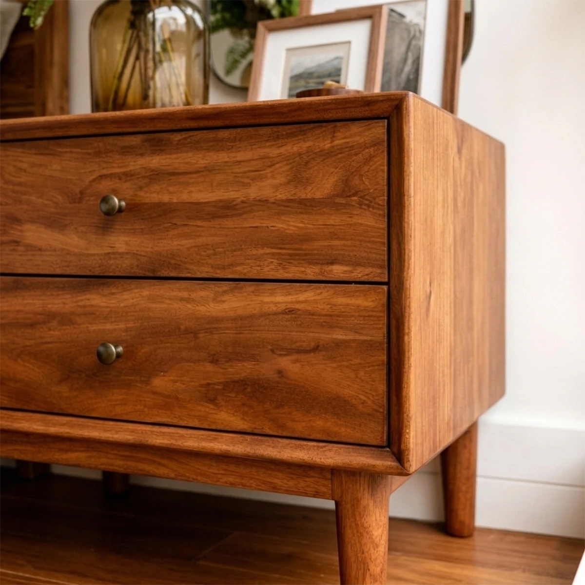 Contemporary bedside cabinet displaying minimal structure and polished brown tone finish
