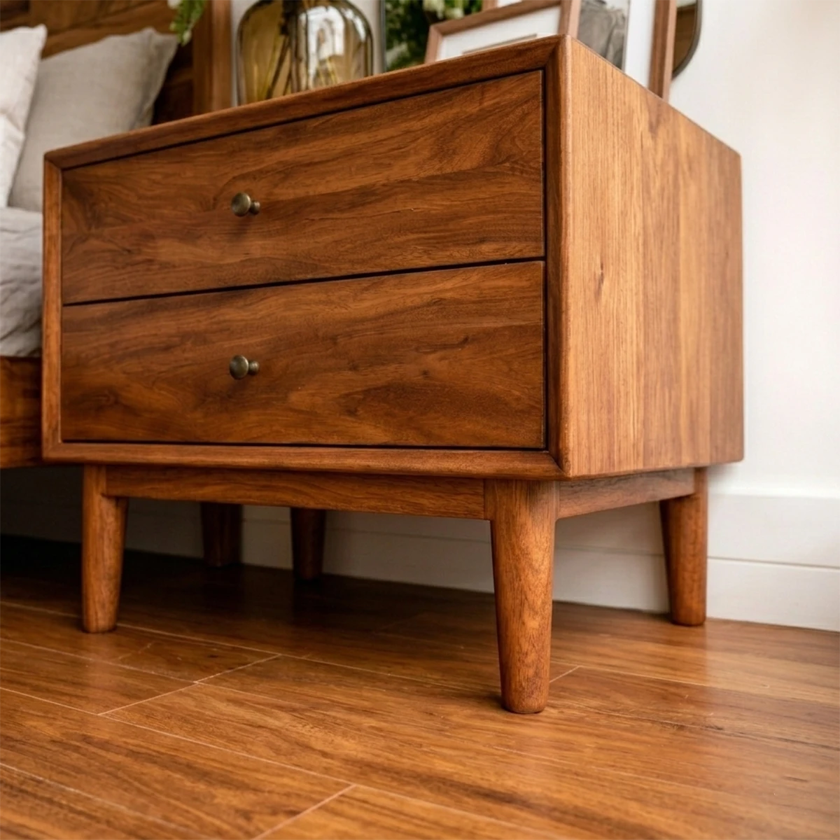 Compact bedside storage unit featuring functional two drawer layout and brown tone finish