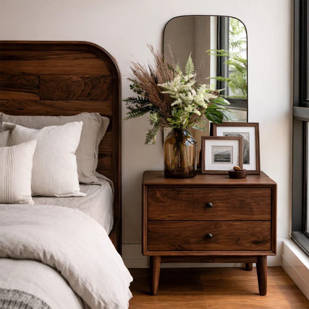 Functional bedside cabinet showcasing modern simplicity and warm walnut tone finish