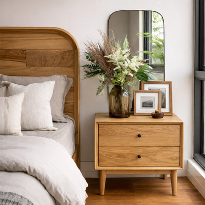 Classic modern nightstand featuring balanced proportions and refined oak tone finish
