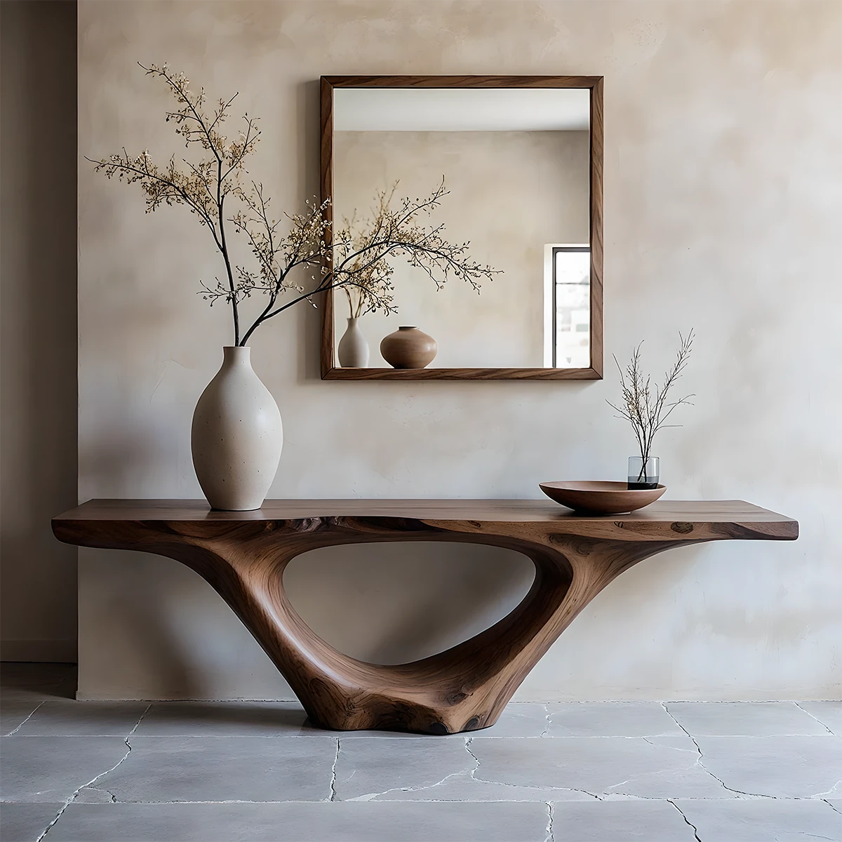 Minimal walnut console table with organic arch base