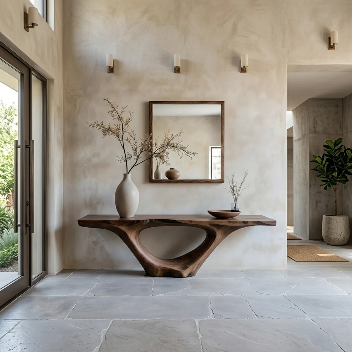 Sculptural walnut console table with hollow arch design