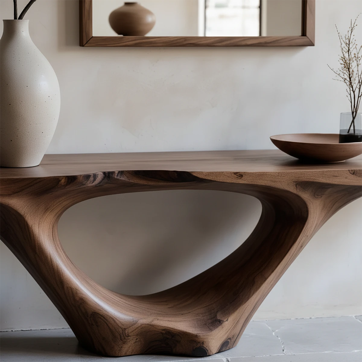 Elegant walnut console table with curved arch pedestal