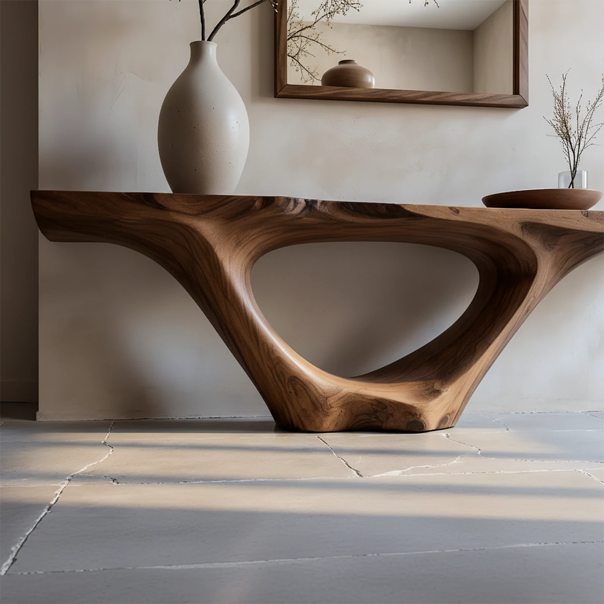 Designer walnut console table with sculpted arch base