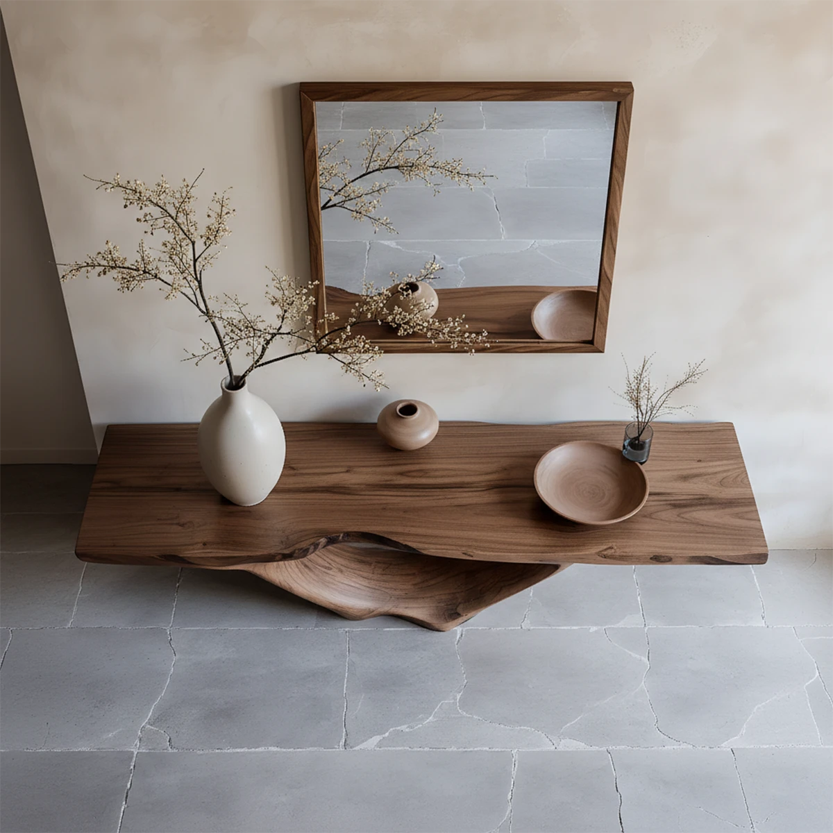 Contemporary walnut console table with hollow wood base