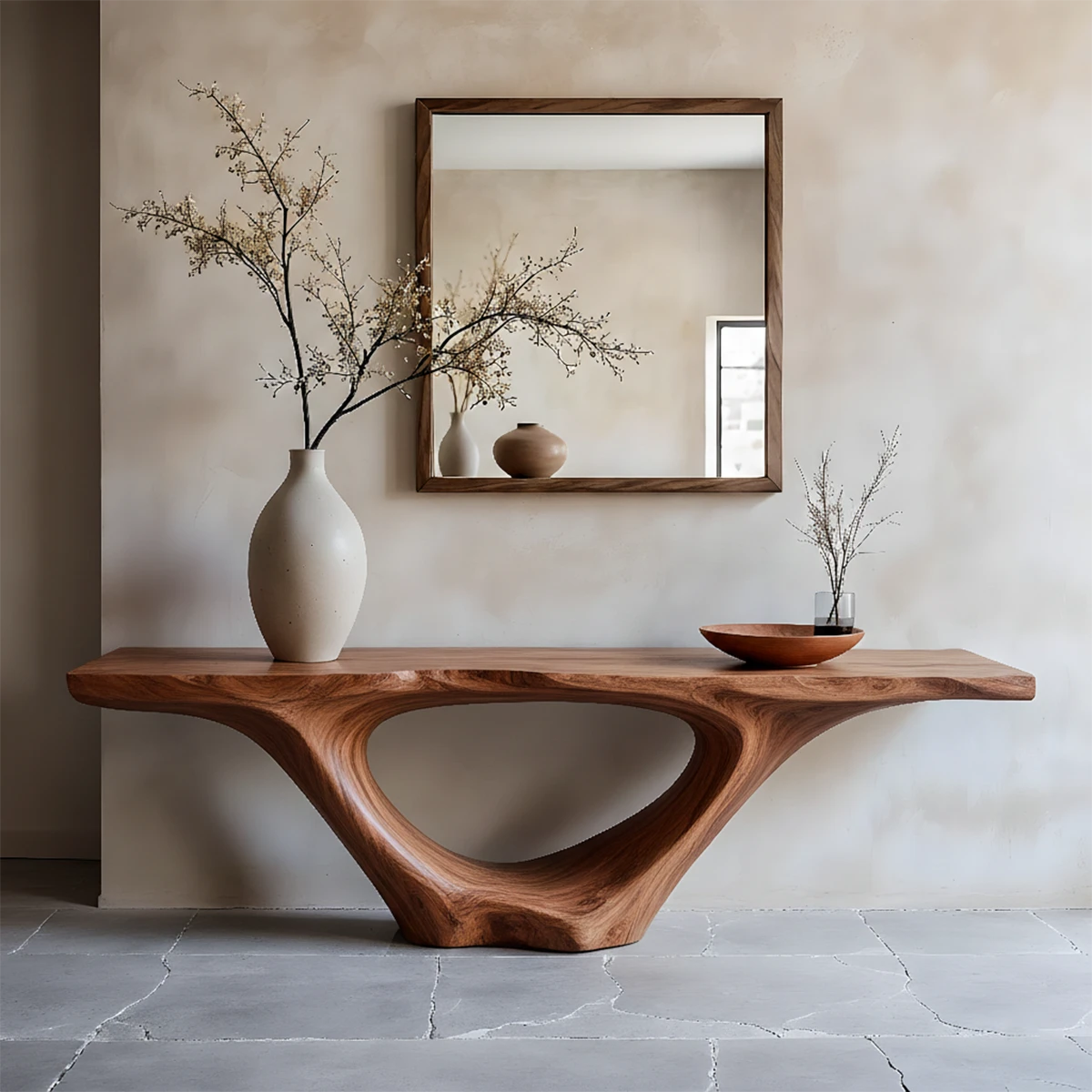 Artistic walnut console table with organic arch support
