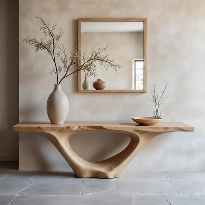 Luxury walnut console table with sculptural hollow base