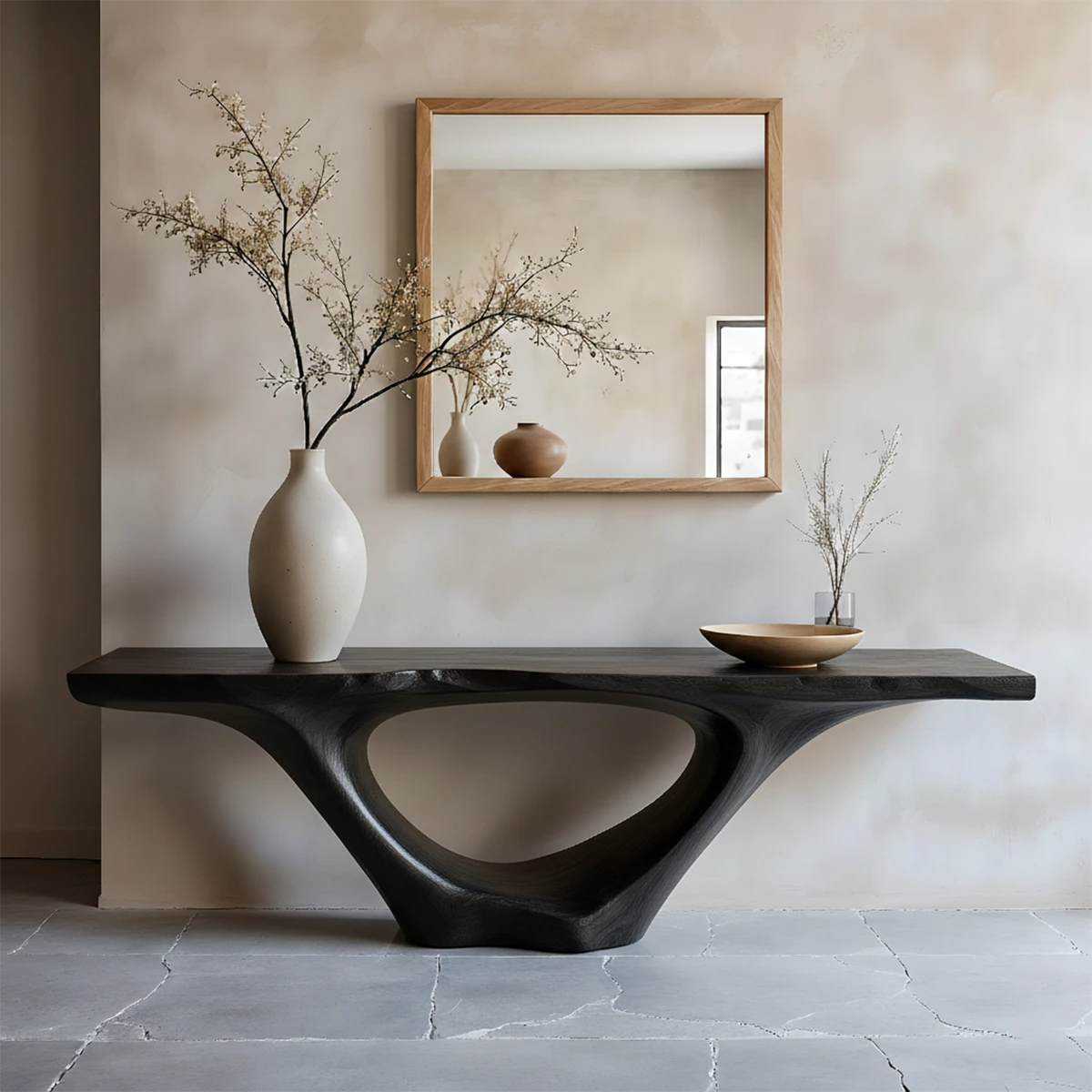 Solid walnut console table with curved arch structure