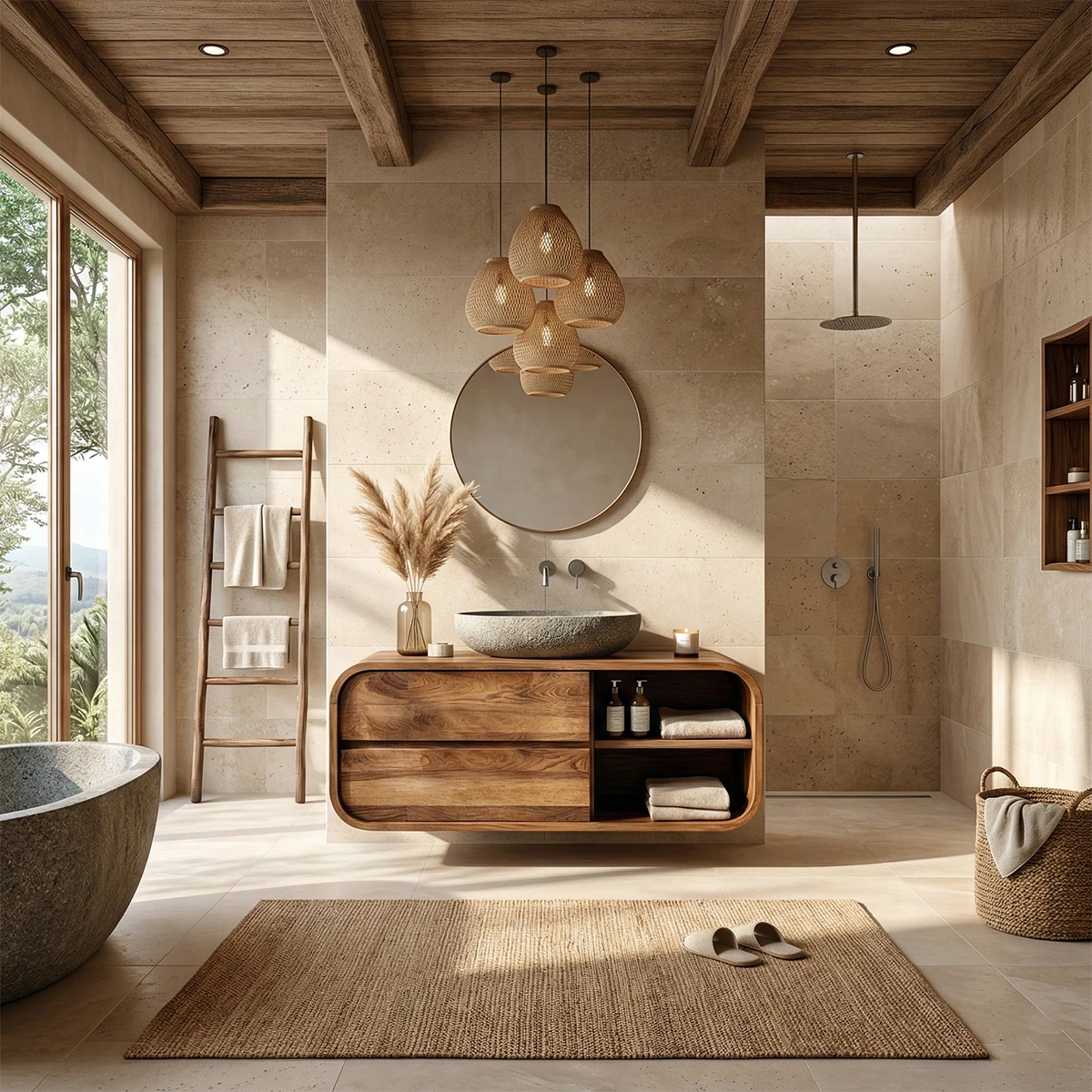 Modern walnut vanity with curved design – modern wood bathroom vanity