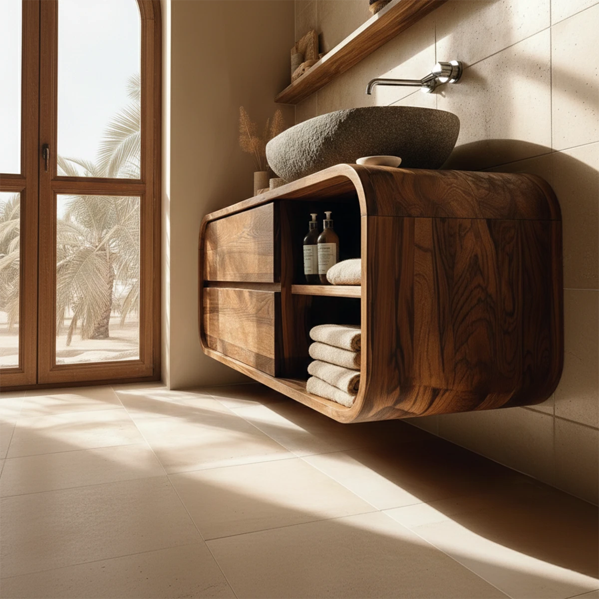 Contemporary walnut vanity under stone sink – walnut bathroom vanity