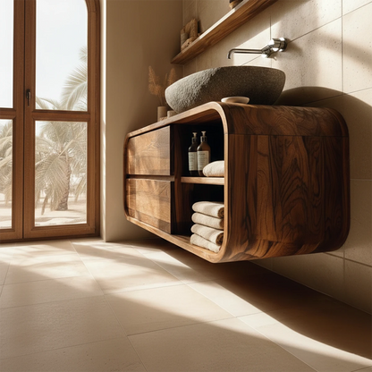 Contemporary walnut vanity under stone sink – walnut bathroom vanity