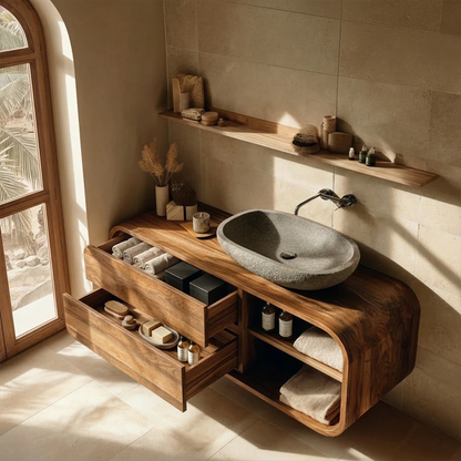 Minimal wood vanity with open storage shelf – modern wood vanity