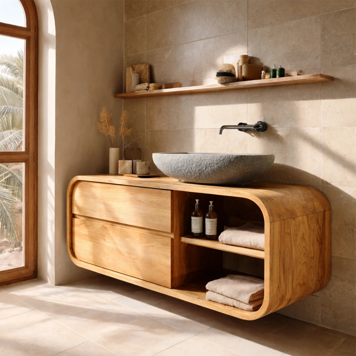 Natural walnut bathroom cabinet with curved frame – walnut bathroom cabinet