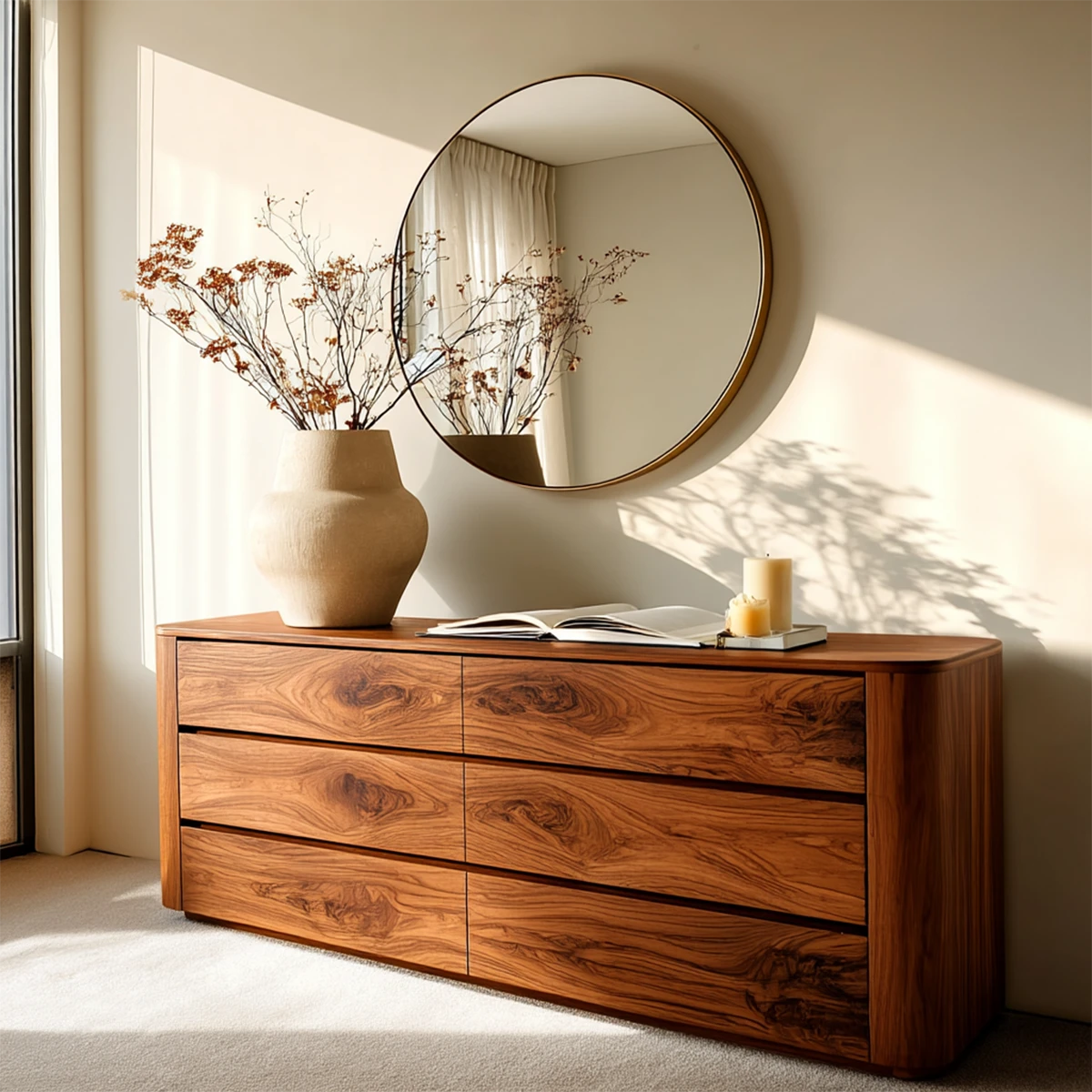 Minimalist wood sideboard with seamless drawer storage for warm contemporary interiors