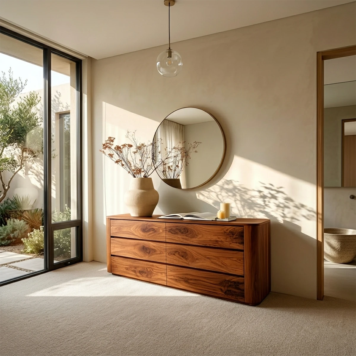 Modern storage sideboard featuring clean drawer lines and elegant natural wood grain