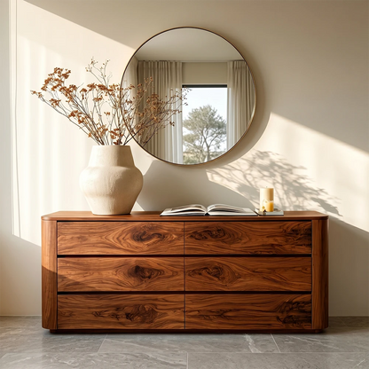 Contemporary buffet cabinet with low profile silhouette and spacious drawer organization
