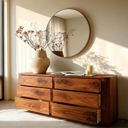 Scandinavian inspired sideboard with minimalist drawers and smooth rounded corners