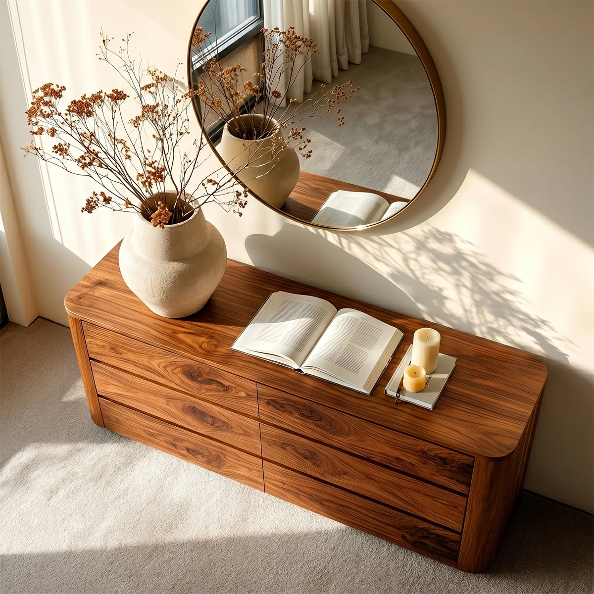 Elegant buffet storage cabinet with natural wood texture and modern interior styling