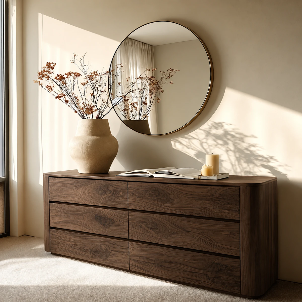 Clean lined sideboard cabinet designed for sophisticated living and dining room spaces