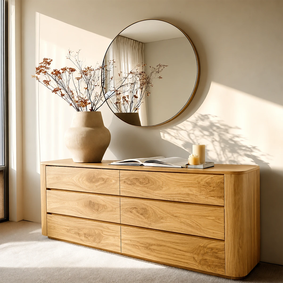Modern wood storage dresser with seamless drawer fronts and minimalist room styling
