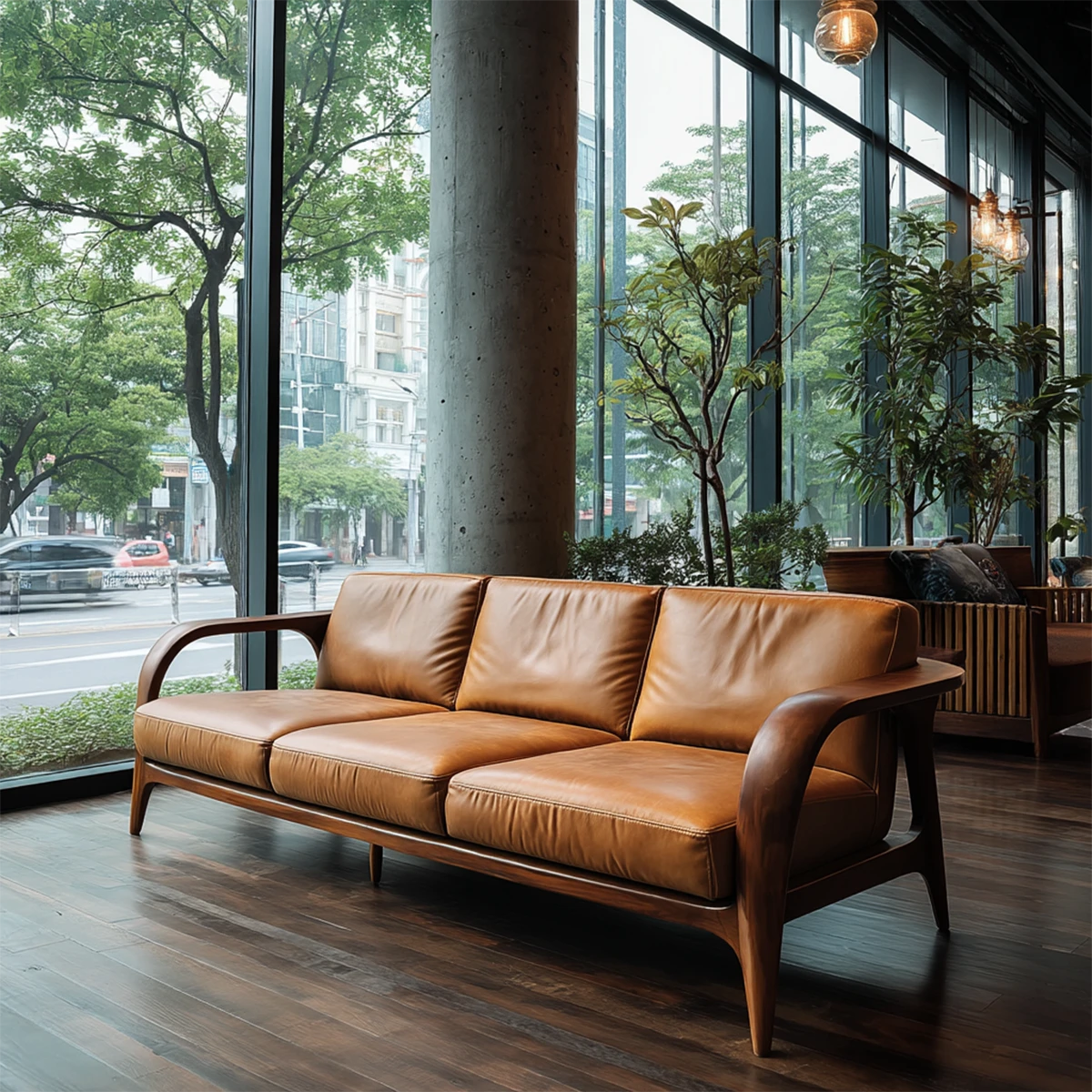 Modern three seat sofa with leather cushions and curved natural wood frame in bright city living space