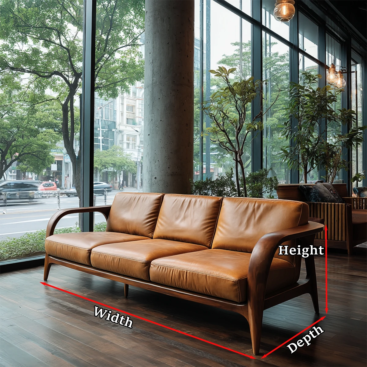 Premium leather sofa with sculpted wood arms and modern silhouette in sunlit contemporary interior