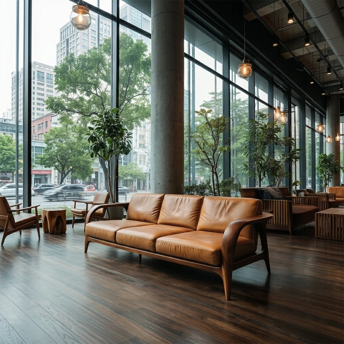 Contemporary leather sofa featuring sculpted wood arms and clean lines beside large glass windows