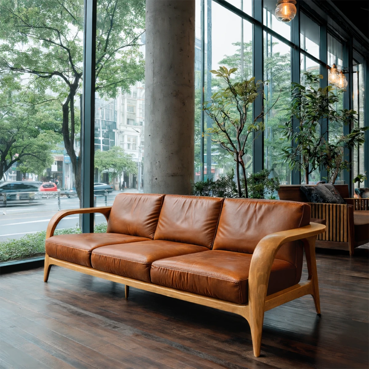 Urban living room sofa with natural wood frame and leather cushions positioned near floor to ceiling windows