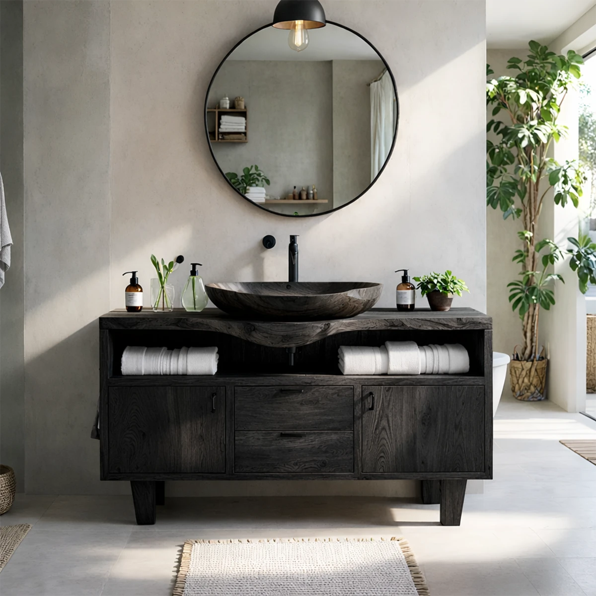 Luxury ash wood bathroom vanity with handcrafted wood basin