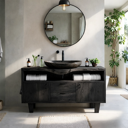 Luxury ash wood bathroom vanity with handcrafted wood basin