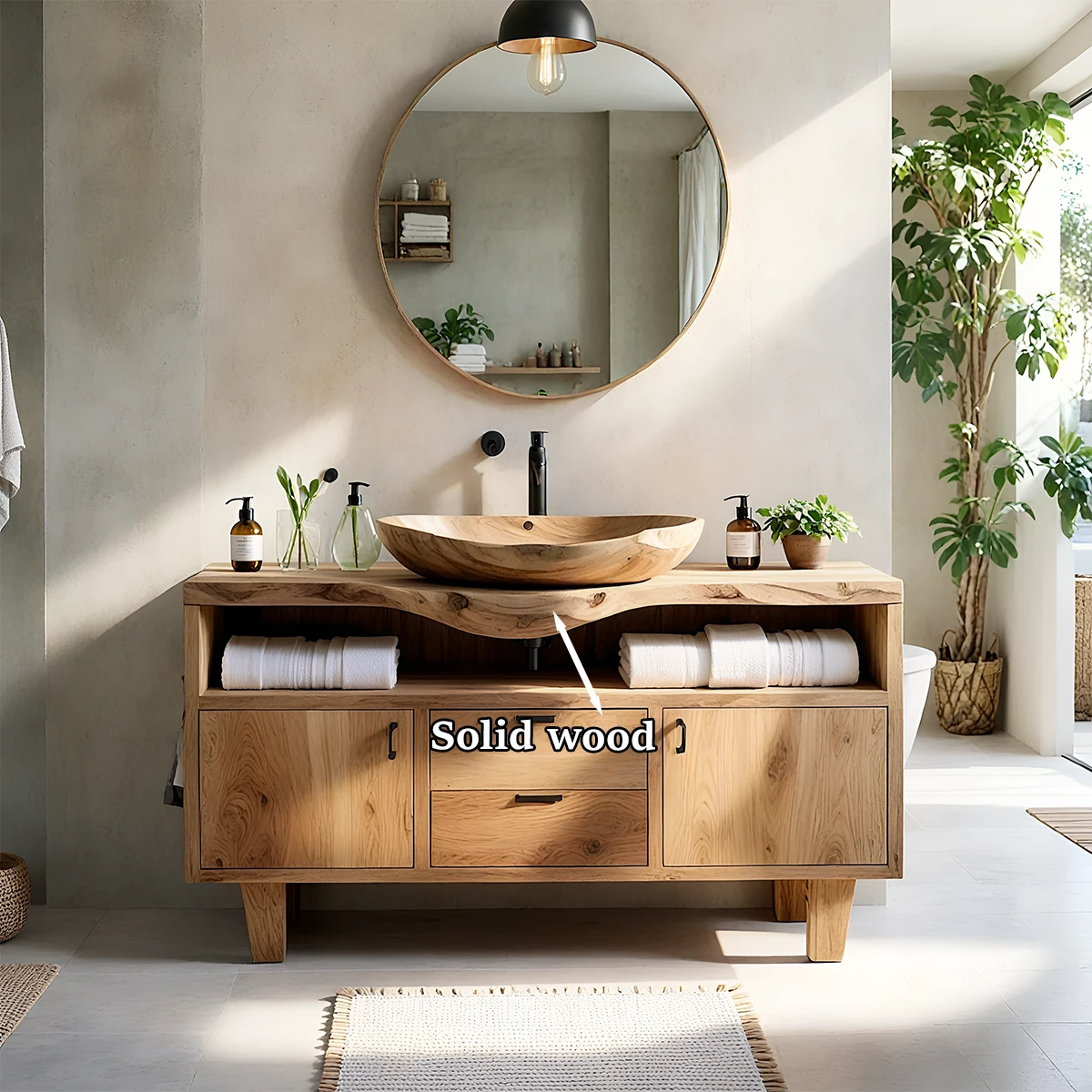 Contemporary ash wood bathroom vanity with towel storage compartment