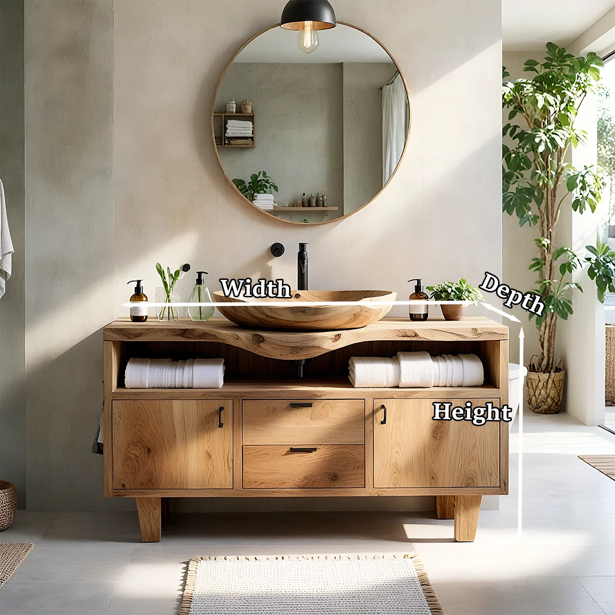 Natural ash wood bathroom vanity with warm wood texture design