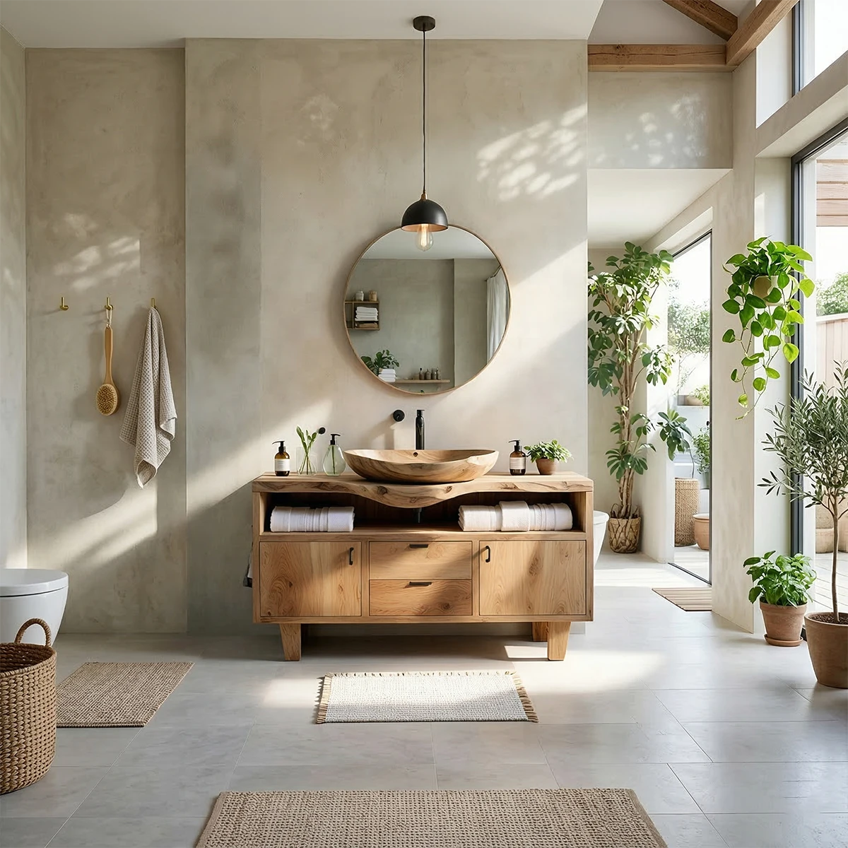 Natural ash wood bathroom vanity with handcrafted wooden sink