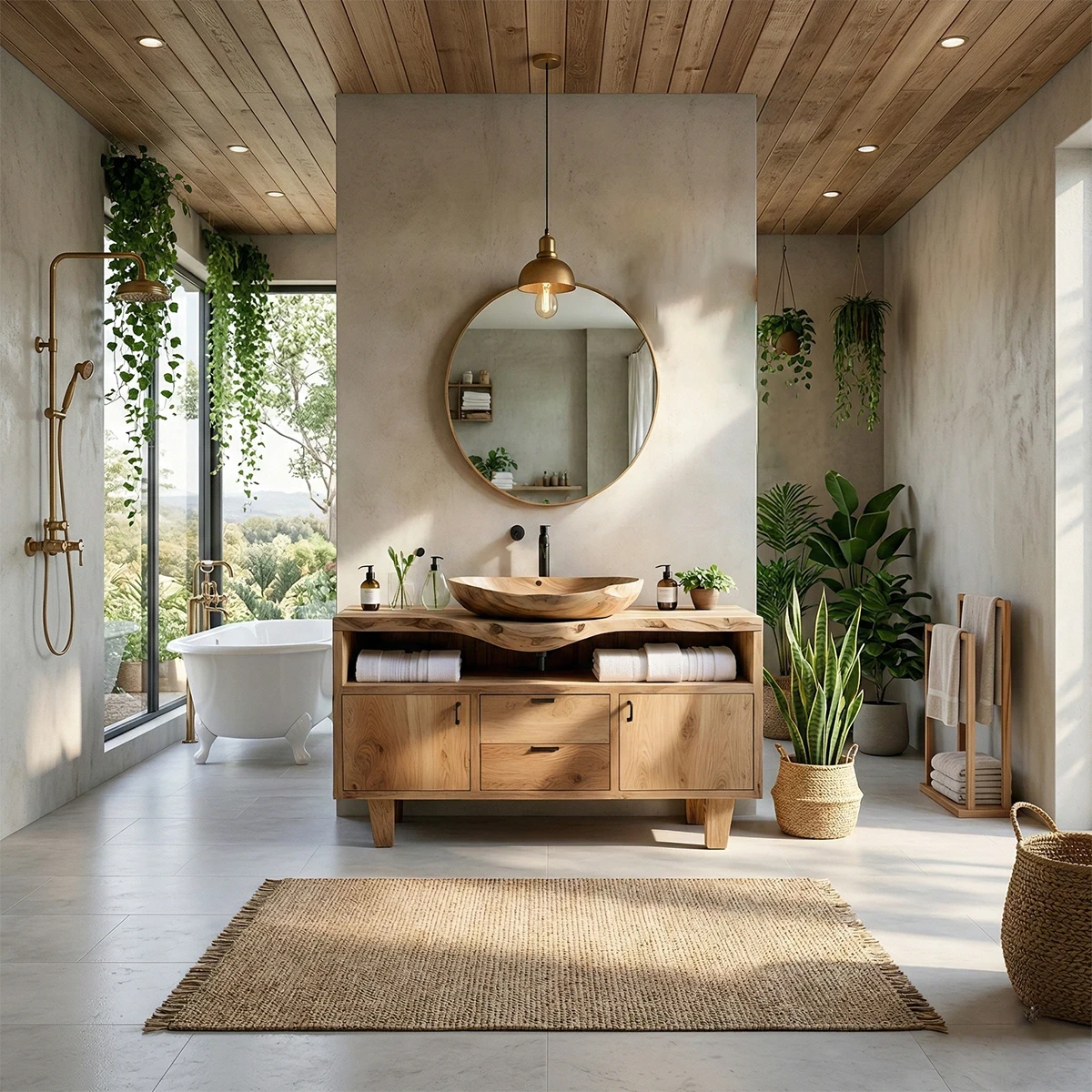Modern ash wood bathroom vanity with open towel storage shelf