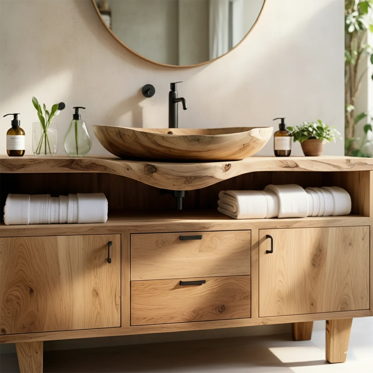 Solid ash wood bathroom vanity with natural wood grain texture