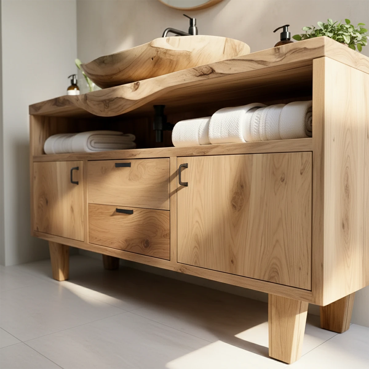 Contemporary ash wood bathroom vanity with round mirror setup