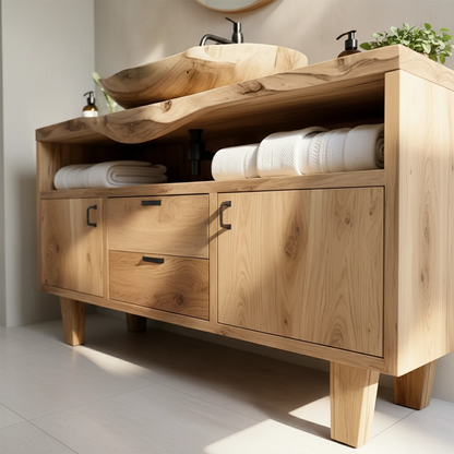 Contemporary ash wood bathroom vanity with round mirror setup