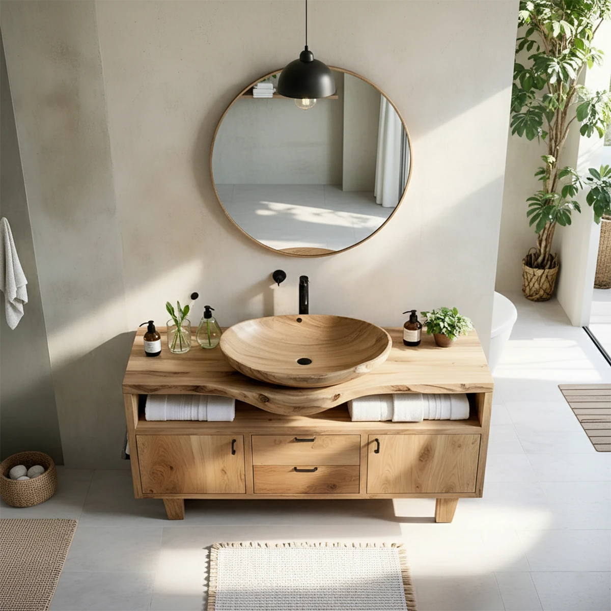 Elegant ash wood bathroom vanity with wooden vessel sink