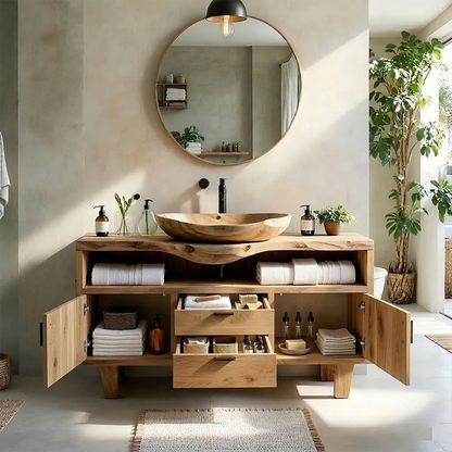 Designer ash wood bathroom vanity with storage drawers and cabinet