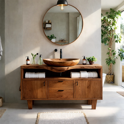 Premium ash wood bathroom vanity with organic wood countertop