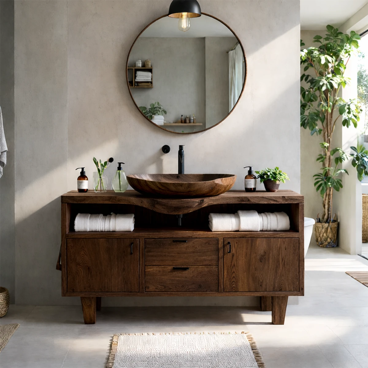 Minimal modern ash wood bathroom vanity with natural finish