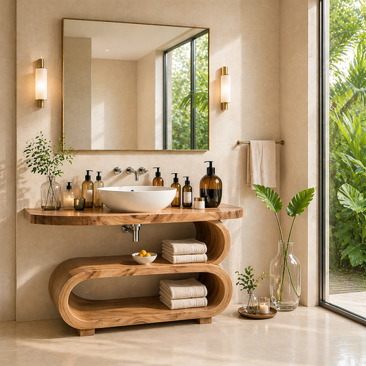 Modern bathroom vanity with organic curved shelf and vessel sink for stylish storage