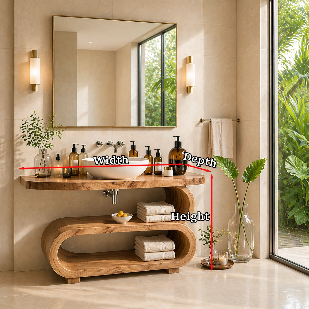 Refined bathroom sink console with sculpted shelf and organized storage for interiors